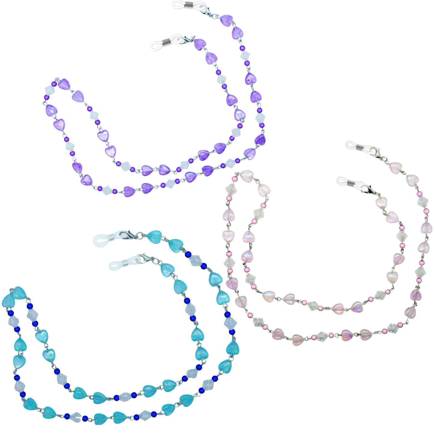 GoOptical Purple Pink & Blue Beaded Heart Women's Traditional Fasten Glasses Cord Necklace Spectacle Chain - 3 Pack