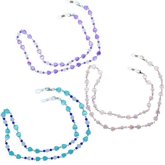 GoOptical Purple Pink & Blue Beaded Heart Women's Traditional Fasten Glasses Cord Necklace Spectacle Chain - 3 Pack