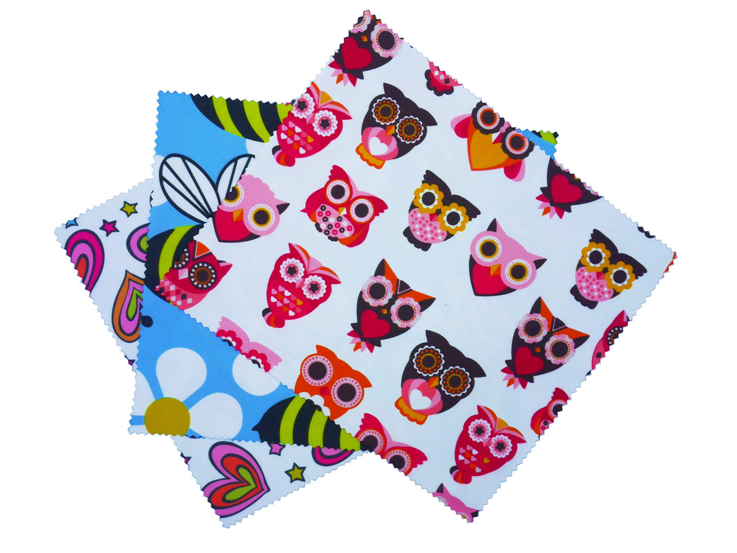 Go Optical Microfiber Glasses Phone Lens Screen Cleaning Cloths Cute Animals Owl Bee & Rainbow Hearts X 3 Microfibre
